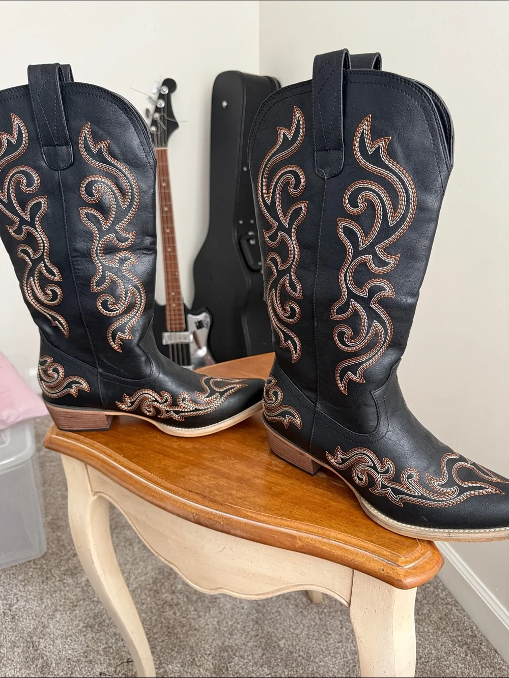 Women's Black Over-the-Knee Western Boots with Tan Embroidery